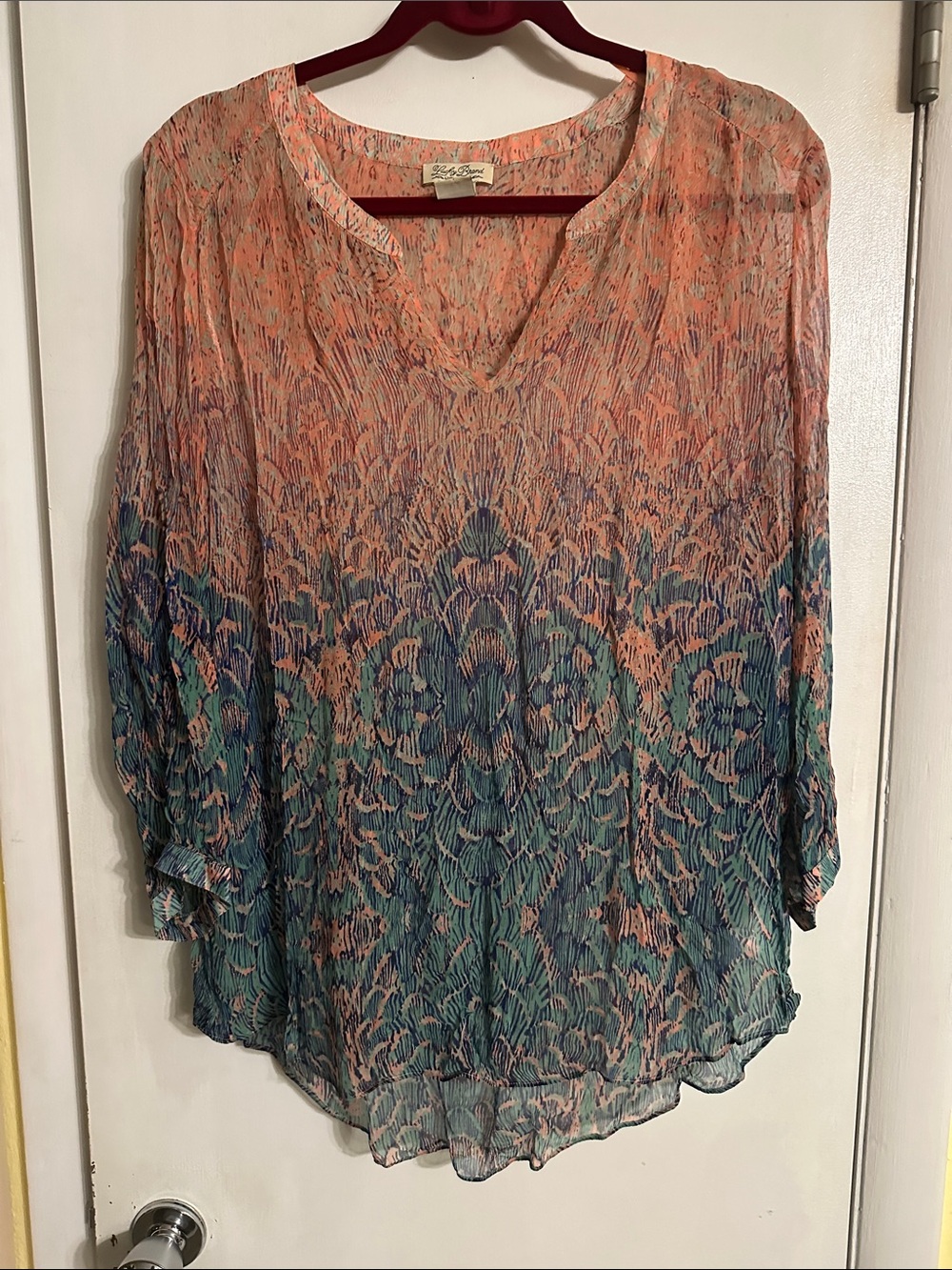 Lucky Brand Peach and Teal Ombre Crinkle V-Neck Tunic